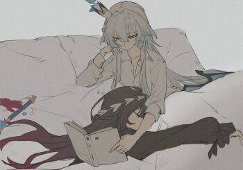 2girls bed black_hair blue_eyes book cerydra_(honkai:_star_rail) chinese_commentary commentary_request crown gradient_hair hair_ornament highres holding holding_book honkai:_star_rail honkai_(series) hug hysilens_(honkai:_star_rail) long_hair mini_crown multicolored_hair multiple_girls pillow reading shan_xu shirt sleeping streaked_hair very_long_hair white_hair yuri