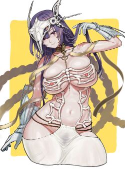 1girl animal_skeleton braid breasts collar commentary_request fate/grand_order fate_(series) gauntlets headpiece highres large_breasts looking_at_viewer maruko_tooto mask metal_collar midriff navel nipples pubic_hair pubic_hair_peek purple_hair red_eyes revealing_clothes skeletal_clothes skull_mask smile solo urd_(fate) very_long_braid