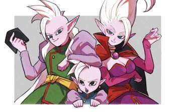 blue_eyes breasts chinese_clothes cleavage colored_skin d_norainu_b degesu dr._arinsu dragon_ball dragon_ball_daima earrings floating_hair highres jewelry kaioushin large_breasts long_bangs mohawk pointy_ears potara_earrings puffy_sleeves purple_skin shin_(dragon_ball) short_male smug white_hair