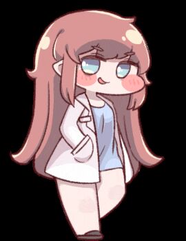 1girl alpha_transparency animated animated_gif artist_request blinking blue_eyes brown_shoes character_request coat copyright_request hand_in_pocket long_hair no_nose official_art parted_lips shoes sidelocks simple_background solo thick_thighs thighs transparent_background white_coat
