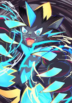 animal_ears animal_nose black_fur blue_eyes blue_fur body_fur cat claws electricity ezgk385 fangs furry gen_7_pokemon highres horns legendary_pokemon mega_pokemon mega_zeraora mythical_pokemon nintendo open_mouth pokemon pokemon_(creature) pokemon_legends:_z-a single_horn two-tone_fur v-shaped_eyes whiskers yellow_trim zeraora