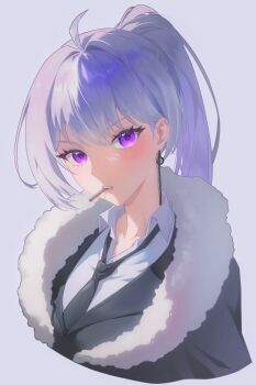 Rule 34 | 1girl, ahoge, black jacket, black necktie, blush, cigarette, coat, collarbone, collared shirt, cropped torso, earrings, food in mouth, formal clothes, fur-trimmed coat, fur-trimmed jacket, fur trim, grey background, grey hair, high ponytail, highres, ine (vtuber), jacket, jewelry, korean commentary, lapels, long hair, looking at viewer, mafia, mole, mole under eye, mouth hold, necktie, open collar, ponytail, portrait, purple eyes, rething, shirt, simple background, single earring, smoking, solo, suit, teeth, upper body, v-shaped eyebrows, virtual youtuber, waktaverse, white shirt