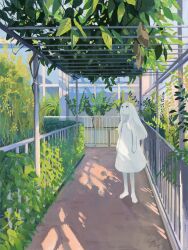 Rule 34 | 1girl, arms at sides, artist name, barefoot, blue eyes, colored skin, commentary request, day, dress, highres, long hair, looking up, no nose, no sclera, open mouth, original, outdoors, plant, railing, signature, solo, standing, sugita magari, white dress, white hair, white skin