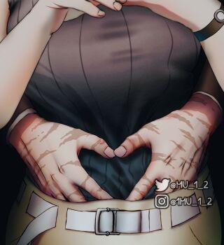 1boy 1girl belt boku_no_hero_academia breasts commentary hand_under_clothes head_out_of_frame hetero highres huge_breasts instagram_username midoriya_izuku mu_1_2 ribbed_shirt scar scar_on_hand shirt skirt sleeveless sleeveless_shirt twitter_username uraraka_ochako white_belt wristband yellow_skirt