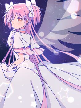 Rule 34 | 1girl, blush, bow, closed mouth, commentary, cowboy shot, dress, gloves, hair bow, hand up, highres, kaname madoka, long hair, looking at viewer, mahou shoujo madoka magica, pink hair, ruru (rurumagi), short sleeves, sidelocks, solo, star (sky), starry sky background, transparent wings, two side up, ultimate madoka, white bow, white dress, white gloves, wings, yellow eyes