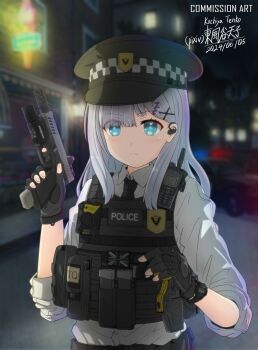 1girl absurdres artist_name black_necktie blue_eyes blurry body_cam bulletproof_vest car collared_shirt commission dated depth_of_field dress_shirt earpiece fingerless_gloves glock gloves grey_hair gun hair_ornament hairclip handgun highres holding holding_gun holding_weapon kaga_sumire kochiya_tenko load_bearing_vest lupinus_virtual_games motor_vehicle necktie night pixiv_commission police police_car radio shirt solo union_jack upper_body virtual_youtuber vspo! watch weapon white_shirt wristwatch