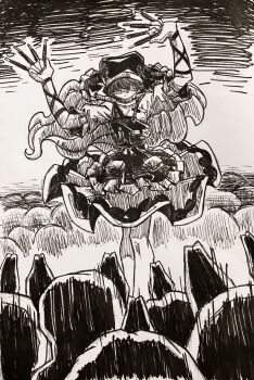 1girl absurdres apron arm_strap arms_up belt chisel dress greyscale hair_over_eyes haniwa_(statue) haniyasushin_keiki hatching_(texture) headscarf highres holding_tool jewelry long_hair magatama magatama_necklace monochrome necklace object_in_pocket pocket single_strap solo standing tanishi_(agaribito_snail) tools touhou traditional_media wood_carving_tool