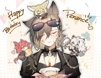 4girls akechi_(826988799) animal_ears arknights birthday_cake black_bow black_bowtie black_jacket blonde_hair blue_eyes blush bow bowtie brown_hair cake candle chibi closed_eyes closed_mouth confetti eyewear_on_head fiammetta_(arknights) food food_on_face fox_ears fox_girl grey_hair hair_between_eyes hair_ornament heart holding holding_food jacket jewelry lappland_(arknights) long_hair multiple_girls necklace penance_(arknights) red_eyes red_hair scar scar_across_eye scar_on_face shirt sweatdrop tail upper_body vulpisfoglia_(arknights) white_background wolf_ears wolf_girl wolf_tail