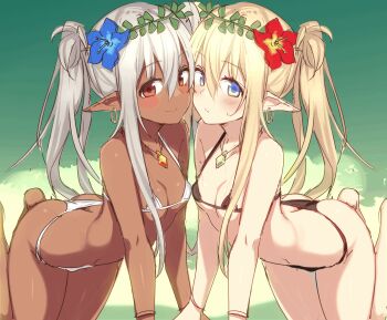 2girls all_fours arched_back arm_support ass bare_legs bare_shoulders bikini black_bikini blonde_hair blue_eyes blush bracelet breasts butt_crack cheek-to-cheek commentary_request contrast dark-skinned_female dark_elf dark_skin earrings elf female_focus flower hair_between_eyes hair_flower hair_ornament heads_together hibiscus highres hiraga_matsuri hirasato jewelry legs long_hair looking_at_viewer micro_bikini midriff multiple_girls navel necklace original pendant pointy_ears red_eyes silver_hair sketch small_breasts smile sweat sweatdrop swimsuit symmetry twintails white_bikini yuri