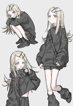 1girl bag black_bag black_jacket black_shorts black_skirt black_socks black_sweater blonde_hair colored_eyelashes flipped_hair gakuen_idolmaster grey_background hair_ornament hairclip highres hisato_00 hood hooded_jacket idolmaster jacket loafers long_hair looking_at_viewer midriff miniskirt multiple_views orange_eyes parallel_hairclips pleated_skirt shinosawa_hiro shoes short_shorts shorts shoulder_bag simple_background skirt smile socks squatting sweater tareme