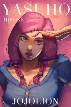 1girl 7mbueart blue_eyes braid breasts character_name cleavage commentary cover english_commentary fake_magazine_cover hair_bobbles hair_ornament highres hirose_yasuho jojo_no_kimyou_na_bouken jojolion large_breasts lips magazine_cover makeup pink_hair romaji_text salute solo twin_braids upper_body