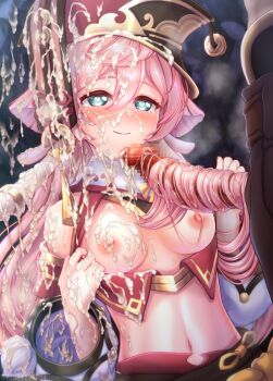 1boy 1girl aether_(genshin_impact) antlers aqua_eyes bare_shoulders blush breasts breasts_out bukkake can_(canzume) cape censored closed_mouth commentary_request cum cum_on_body detached_sleeves earrings erection excessive_cum facial genshin_impact hair_between_eyes hairjob hat hetero horns jewelry large_variant_set long_hair mosaic_censoring navel nipples paid_reward_available penis pink_hair red_hat scales sidelocks single_earring small_breasts smile solo_focus stomach sweat tongue tongue_out upper_body variant_set white_cape xiezhi_guan yanfei_(genshin_impact)