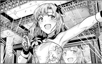1girl :d blush bow breasts choker concert confetti flower greyscale hair_bow holding holding_microphone idolmaster idolmaster_(classic) idolmaster_stella_stage looking_to_the_side medium_hair microphone monochrome open_mouth screen screen_zoom shiika_(idolmaster) sideways_glance sleeveless smile solo stage stage_lights tsurui