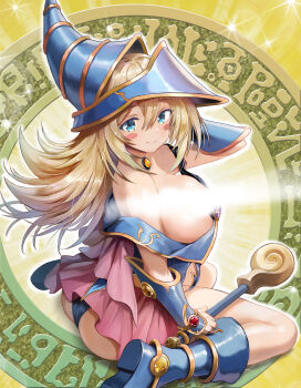 1girl blonde_hair blue_dress blue_eyes blue_hat blue_panties blush_stickers breasts closed_mouth commentary_request dark_magician_girl dress duel_monster full_body hat highres holding holding_wand large_breasts long_hair looking_at_viewer panties sitting smile solo staryume underwear wand yu-gi-oh!