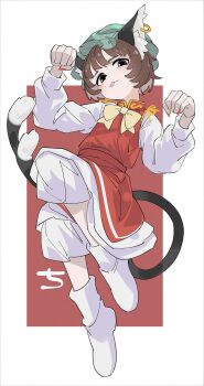 1girl :3 animal_ear_piercing animal_ears bloomers blush brown_eyes brown_hair cat_ears cat_girl cat_tail chen commentary_request full_body hat highres long_sleeves looking_at_viewer multiple_tails nail_polish o_(crazyoton46) paw_pose red_nails red_skirt red_vest shirt short_hair skirt socks solo tail tongue tongue_out touhou two_tails underwear vest white_bloomers white_shirt white_socks