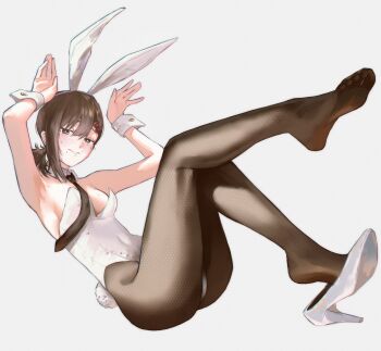 1girl animal_ear_hairband animal_ears armpits arms_up bad_anatomy bad_hands breasts bright_pupils brown_eyes brown_hair brown_necktie brown_pantyhose chainsaw_man closed_mouth commentary detached_collar fake_animal_ears fake_tail full_body hair_ornament hairband hairclip higashiyama_kobeni high_heels highleg highleg_leotard highres honeycomb_(pattern) leotard looking_at_viewer lucasafontes medium_breasts mole mole_on_cheek mole_under_eye mole_under_mouth multiple_moles necktie pantyhose playboy_bunny ponytail rabbit_ears rabbit_pose rabbit_tail shoes short_ponytail simple_background single_shoe single_sidelock solo strapless strapless_leotard tail untranslatable_commentary white_background white_leotard white_shoes white_wrist_cuffs wrist_cuffs