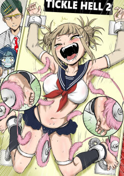 1boy 2girls ankle_cuffs armpits arms_up barefoot bdsm blush boku_no_hero_academia bondage bound breasts bubble_girl_(boku_no_hero_academia) fangs feet highres large_breasts laughing machine midriff miniskirt multiple_girls nanahikari_tokumei navel open_mouth school_uniform serafuku short_hair sir_nighteye skirt tears teeth thong tickle_machine tickle_torture tickling tickling_armpits tickling_feet tickling_pussy tickling_sides toga_himiko tongue wrist_cuffs
