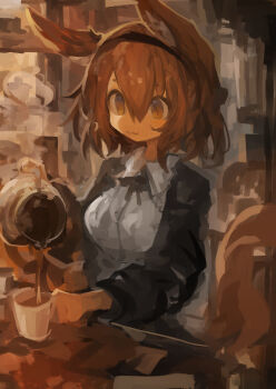 1girl :3 absurdres animal_ears black_hairband breasts brown_eyes brown_hair coffee coffee_pot commentary_request cup dress hair_between_eyes hairband highres holding kaamin_(mariarose753) long_sleeves medium_hair mug original pouring solo steam tail