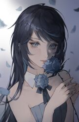 Rule 34 | 1girl, ado (utaite), bare shoulders, black bow, black bowtie, black hair, blue dress, blue flower, blue rose, bow, bowtie, character request, check character, closed mouth, copyright request, crossed bangs, detached collar, dress, flower, grey eyes, hands up, highres, holding, holding flower, lips, long hair, looking at viewer, mole, mole under eye, petals, portrait, rose, slit pupils, solo, strapless, strapless dress, sumi (suumiko ), swept bangs