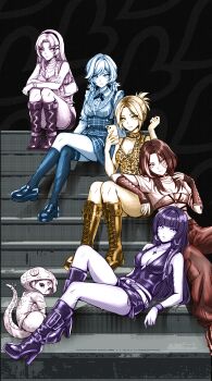 Rule 34 | absurdres, alice (bubblebebe), animal print, arm on another's leg, beboa (bubblebebe), boots, breasts, bubblebebe, bubblebebe (artist), cat, cross, cross necklace, eve (bubblebebe), highres, holding, holding phone, image sample, indie virtual youtuber, jenni (bubblebebe), jewelry, leather, leather boots, leopard print, long hair, lying on another, mole, mole under eye, necklace, original, phone, rei (bubblebebe), school uniform, simple background, sitting, sitting on stairs, stairs, wolf cut