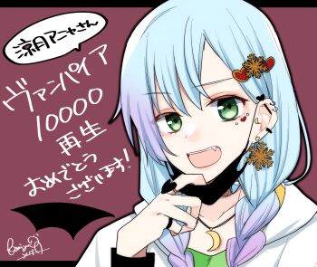 1girl :d blue_hair braid character_request commentary_request copyright_request crescent ear_piercing earrings fang gradient_hair green_eyes hair_ornament highres jewelry mask_pull multicolored_hair open_mouth pale_skin piercing portrait purple_background ring sakura_yuto smile snowflake_hair_ornament solo speech_bubble stud_earrings twin_braids