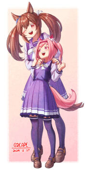 Rule 34 | 2girls, animal ears, blush, bow, bowtie, breasts, brown hair, commentary request, creape, ear bow, ear covers, flower-shaped pupils, flower in eye, hair between eyes, hair ornament, hairband, hands on another's shoulders, haru urara (umamusume), headband, height difference, highres, hishi akebono (umamusume), horse ears, horse girl, horse tail, long hair, multiple girls, one eye closed, open mouth, pink eyes, pink hair, pink headband, pleated skirt, ponytail, purple sailor collar, purple serafuku, purple shirt, purple skirt, purple thighhighs, red eyes, red headband, sailor collar, sailor shirt, school uniform, serafuku, shirt, shoes, skirt, smile, symbol-shaped pupils, symbol in eye, tail, thighhighs, tracen school uniform, twintails, umamusume, white bow, white bowtie, zettai ryouiki