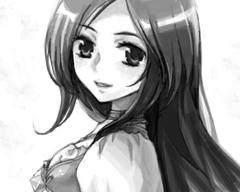 Rule 34 | 1girl, bad drawr id, bad id, breasts, choker, final fantasy, final fantasy ix, garnet til alexandros xvii, greyscale, jewelry, long hair, medium breasts, monochrome, parted bangs, pendant, saikachi (ogre tree), smile, solo, upper body