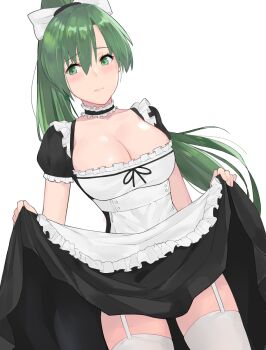 1girl apron black_dress blush bow breasts choker cleavage clothes_lift dress dress_lift dutch_angle female_focus fire_emblem fire_emblem:_the_blazing_blade frilled_apron frilled_choker frills garter_straps green_eyes green_hair hair_between_eyes hair_bow high_ponytail highres j@ck large_breasts lifting_own_clothes long_hair lyn_(fire_emblem) maid matching_hair/eyes nintendo ponytail puffy_short_sleeves puffy_sleeves short_sleeves simple_background solo thighhighs very_long_hair white_apron white_background white_bow white_thighhighs