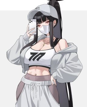 1girl alternate_costume alternate_hairstyle black_hair blue_archive breasts bright_pupils ddog hair_behind_ear hair_ornament halo highres holding holding_phone jacket jewelry large_breasts long_hair long_sleeves looking_at_viewer millennium_science_school_logo navel necklace phone ponytail red_eyes rio_(blue_archive) simple_background solo sports_bra sweater white_background white_pupils white_sports_bra