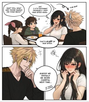 Rule 34 | +++, 2boys, 2girls, ^^^, arrow (symbol), azezazel, black hair, black shirt, blonde hair, blue eyes, blush, braid, braided ponytail, breasts, brown hair, chair, cloud strife, collarbone, commentary, couple, cup, denzel (ff7), embarrassed, english commentary, english text, final fantasy, final fantasy vii, final fantasy vii: advent children, flying sweatdrops, fried egg, hair ribbon, hetero, hickey, holding, holding own hair, hood, hood down, hoodie, large breasts, long hair, looking at another, marlene wallace, motion lines, multiple boys, multiple girls, open mouth, paid reward available, parted lips, pink ribbon, plate, red eyes, ribbon, shirt, short hair, short sleeves, shy, signature, sitting, smile, smug, speech bubble, spiked hair, squiggle, surprised, sweatdrop, table, tifa lockhart, twitter username, upper body, white shirt