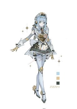 1girl alternate_costume android aoma_(xuanzexuexi) apron black_bow black_necktie black_skirt blue_eyes blue_hair bow character_name color_guide double_bun frilled_apron frilled_cuffs frills full_body gears genshin_impact hair_bun hair_ribbon heart high_heels highres ineffa_(genshin_impact) joints looking_at_viewer maid maid_apron maid_headdress mechabare necktie ribbon robot_ears robot_joints sidelocks skirt sparkle white_apron white_background