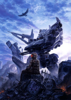 1other ambiguous_gender animal arm_at_side armored_core armored_core:_silent_line armored_core_3 artist_name assault_visor bird blue_sky bodysuit broken broken_weapon brown_bodysuit character_request cloud crest_cr-c98e2_assault_type crow damaged fire from_behind gun helmet highres mecha other_focus outdoors rebar red-tinted_eyewear robot rubble signature sitting sky smoke solo sunrise tatsuya_(atelier_road) tinted_eyewear weapon wire