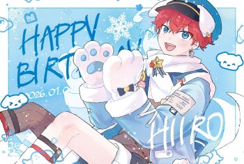 Rule 34 | 1boy, amagi hiiro, animal ears, animal hands, blue eyes, bone earrings, border, character name, commentary, dated, dog, dog ears, earrings, ensemble stars!, gloves, hair between eyes, hands up, happy birthday, hat, highres, jewelry, kneehighs, long sleeves, m omo est, male focus, official alternate costume, open mouth, paw gloves, red hair, scarf, short hair, shorts, smile, snowflakes, socks, solo, spotlight time (ensemble stars!), star (symbol), white border, winter clothes