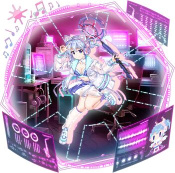 1girl alternate_costume animal_ear_headphones animal_ears aqua_shoes asymmetrical_legwear belt blue_bra blue_eyes blue_hair bra breasts cat_ear_headphones cat_ears cat_tail chair cleavage closed_mouth computer cyber_fashion electric_wind_instrument fake_animal_ears full_body game_cg headphones highres holding holding_instrument hologram instrument jacket leg_up long_sleeves looking_at_viewer merlin_prismriver merlin_prismriver_(second_eldest_memory_leaker) midriff monitor multicolored_bra musical_note official_art purple_belt purple_bra purple_skirt rotte_(1109) science_fiction see-through_clothes see-through_jacket see-through_legwear see-through_skirt shoes short_hair silhouette single_sock skirt smile socks solo sun_symbol tail third-party_source touhou touhou_lostword transparent_background two-tone_skirt underwear v white_jacket white_skirt