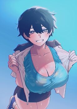 1girl absurdres black_shorts blue_shirt blue_shoes breasts cleavage collarbone collared_jacket dithering grin hair_between_eyes highres jacket large_breasts leaning_forward open_clothes open_jacket original pixel_art shirt shoes short-sleeved_jacket short_hair short_shorts short_sleeves shorts smile solo spoiledmuffin standing standing_on_one_leg tomboy