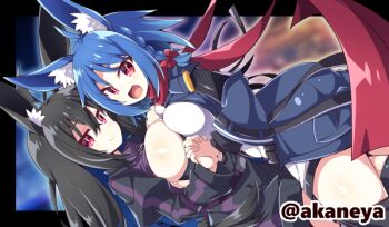 Rule 34 | 2girls, :d, akaneya, animal ear fluff, animal ears, black border, black dress, black hair, black thighhighs, blue coat, blue hair, blurry, blurry background, border, breast press, breasts, character request, closed mouth, coat, commentary request, commission, copyright request, cowboy shot, dress, fox ears, fox girl, hair between eyes, holding hands, interlocked fingers, juliet sleeves, large breasts, long hair, long sleeves, looking at viewer, multiple girls, open mouth, outside border, puffy sleeves, red eyes, short hair, skeb commission, smile, symmetrical docking, thighhighs, twitter username, wide sleeves