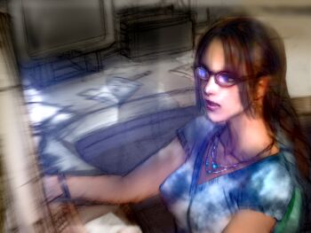 1girl bracelet braid breasts brown_hair computer computer_keyboard game_cg glasses jewelry julia_chang kawano_takuji long_hair monitor necklace official_art shirt sitting solo tekken tekken_4 twin_braids