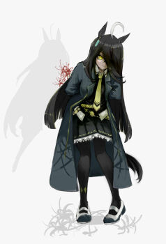 Rule 34 | 1girl, absurdres, ahoge, animal ears, arms behind back, black coat, black hair, black pantyhose, black skirt, coat, collared shirt, ear tag, earrings, hair between eyes, hair over one eye, highres, horse ears, horse girl, horse tail, jewelry, long hair, long sleeves, looking at viewer, manhattan cafe (creeping black) (umamusume), manhattan cafe (umamusume), necktie, pantyhose, pleated skirt, rogro hakaosita, shadow, shirt, shoes, single earring, skirt, tail, umamusume, uwabaki, white hair, yellow eyes, yellow necktie
