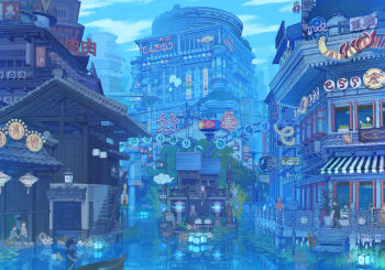 absurdres atmospheric_perspective balcony blue_sky boat building canal city cloud commentary_request condenser_unit door fantasy grass hanging_lantern highres holding holding_oar industrial_pipe lamppost lantern lantern_on_liquid lotus_leaf neon_lights oar open_window original paper_lantern people railing road_sign rowboat scenery shelf shrine sign sky speaker stairs stone_lantern torahico tower traffic_light tree walkway watercraft window