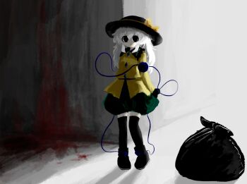 1girl black_hat black_shoes black_thighhighs blood commentary_request contrast_collar full_body green_skirt hair_between_eyes hat hat_ribbon heripantomorrow komeiji_koishi long_hair looking_at_viewer ribbon shirt shoes skirt solo standing thighhighs third_eye touhou trash_bag white_hair yellow_ribbon yellow_shirt