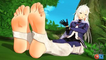 3d :o artist_name blue_eyes character_request copyright_request feet foot_focus from_below highres long_hair looking_to_the_side oda_arts on_floor outdoors patreon_logo pixiv_logo signature sitting stirrup_legwear toeless_legwear toes tree white_hair