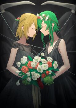 2girls bare_arms bare_shoulders black_background black_dress black_robe blonde_hair bouquet braid commentary cowboy_shot death_(entity) dress flower flower_wreath forehead-to-forehead green_hair grim_reaper gumi half_up_braid heads_together highres holding holding_bouquet kagamine_rin lace_dress md5_mismatch multiple_girls red_flower red_rose robe rose scythe sidelocks standing vocaloid white_flower white_rose wounds404 wreath yuri