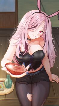 1girl alcohol animal_ear_hairband animal_ears black_corset black_hair black_tube_top breasts choker cleavage corset cross-laced_clothes cross-laced_corset cup fake_animal_ears hair_over_one_eye hairband highres hololive hololive_english jewelry large_breasts leggings long_hair looking_at_viewer mori_calliope mori_calliope_(rock_bunny) multicolored_hair official_alternate_costume pantyhose pink_hair rabbit_ear_hairband rabbit_ears sake solo strapless streaked_hair torn_clothes torn_leggings torn_pantyhose tube_top usagikurumi777 virtual_youtuber