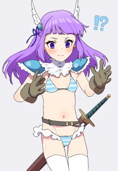 !? 1girl aikatsu! aikatsu!_(series) armor bikini blue_ribbon blunt_bangs blush breasts earrings gloves hair_ornament hair_ribbon highres hikami_sumire jewelry long_hair navel osame purple_eyes purple_hair ribbon sheath sheathed shoulder_armor small_breasts solo striped_bikini striped_clothes stud_earrings surprised sweat swimsuit sword thigh_gap thighhighs wavy_mouth weapon white_thighhighs wing_hair_ornament