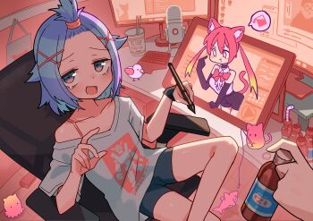 2girls :d absurdres animal_ear_fluff animal_ears bangs_pinned_back bird black_shorts blue_eyes blue_hair blush_stickers cat cat_ears cat_girl cat_tail chair closed_mouth commentary_request computer_keyboard drawing_tablet feet_out_of_frame forehead highres holding holding_stylus indoors instant_cup_noodles instant_noodles katsu_(katsupainter) long_hair looking_at_viewer microphone monitor multiple_girls open_mouth original pink_hair print_shirt shark shirt short_hair short_sleeves shorts sitting smile stylus tail tears topknot twintails white_shirt