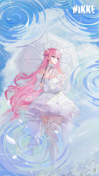 1girl breasts cleavage clothing_cutout dorothy_(nikke) dress goddess_of_victory:_nikke hair_between_eyes hair_bun hair_ribbon highres holding holding_umbrella large_breasts long_hair long_sleeves official_art parasol parted_lips pink_hair purple_eyes purple_ribbon rain ribbon ripples shoulder_cutout smile solo standing thighhighs umbrella white_dress white_thighhighs white_umbrella