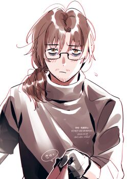 Rule 34 | 1boy, bad source, bags under eyes, beard stubble, black gloves, black shirt, blush, brown hair, closed mouth, f ubkc, facial hair, glasses, gloves, gregor (project moon), highres, limbus company, looking at viewer, male focus, mature male, messy hair, parted bangs, ponytail, project moon, shirt, short hair, simple background, solo, stubble, turtleneck, turtleneck shirt, upper body, white background, yellow eyes