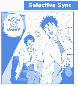 1boy 1girl :d ahoge blue_theme breasts chair choppy_bangs collared_shirt english_text holding holding_screwdriver id_card indoors lanyard looking_at_another monochrome necktie notice_lines office open_mouth original screwdriver shirt short_hair sitting skirt smile speech_bubble studionice2011 talking