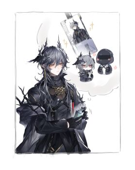 1boy 1other absurdres arknights black_gloves black_jacket black_shirt blush cellphone chibi closed_mouth demon_boy demon_horns doctor_(arknights) gloves grey_hair highres holding hood horns imagining jacket logos_(arknights) long_hair male_focus mole mole_under_eye orange_eyes phone pointy_ears red_eyes shirt simple_background sparkle speech_bubble takano_jiyuu thought_bubble upper_body white_background