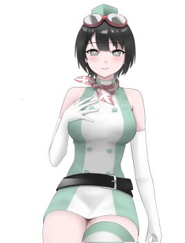 1girl bare_shoulders black_eyes black_hair breasts cowboy_shot digimon digimon_story:_time_stranger dress elbow_gloves gloves goggles goggles_on_head green_dress green_hat hashtag-only_commentary hat highres large_breasts mianbaoren red_scarf scarf short_dress short_hair simple_background solo white_background white_dress white_gloves yuuki_kanan